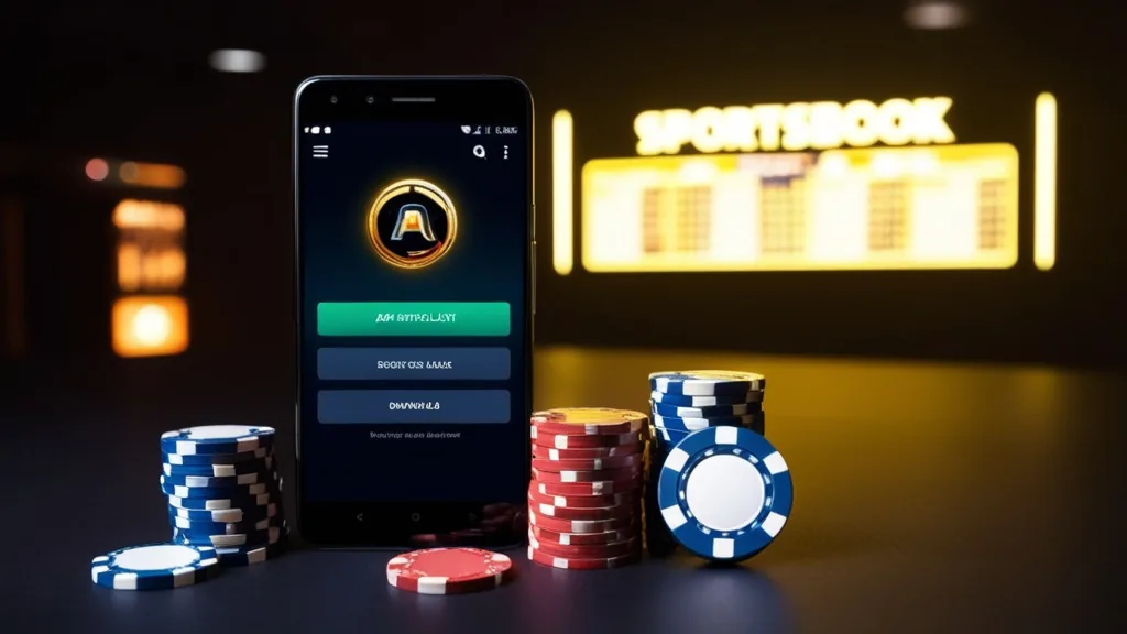 Android-telefoon met APK-installatie naast casino- en sportsbook-sfeer