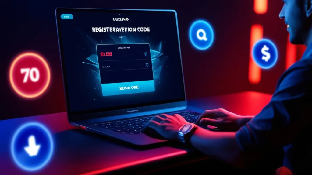 Registratiescherm met invoerveld voor een bonuscode in casinostijl