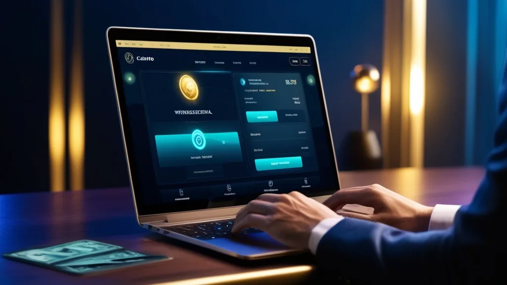 Speler bekijkt de opnamepagina van Unibet op een laptop in een donkere casino-omgeving