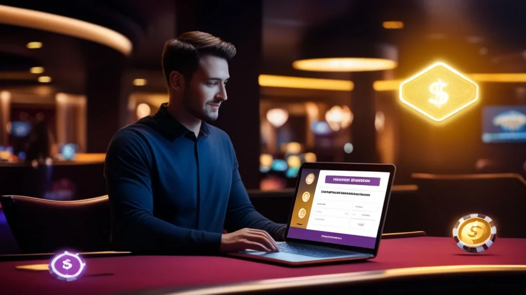 Nieuwe speler leest de voorwaarden van een welkomstbonus op laptop